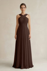 Cross Halter Chiffon A - Line Pleated Bridesmaid Dress in Espresso - KissProm Bridesmaid Dresses