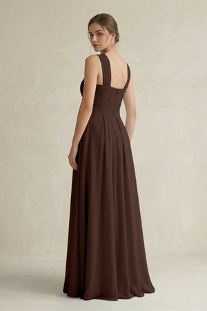 Cross Halter Chiffon A - Line Pleated Bridesmaid Dress in Espresso - KissProm Bridesmaid Dresses