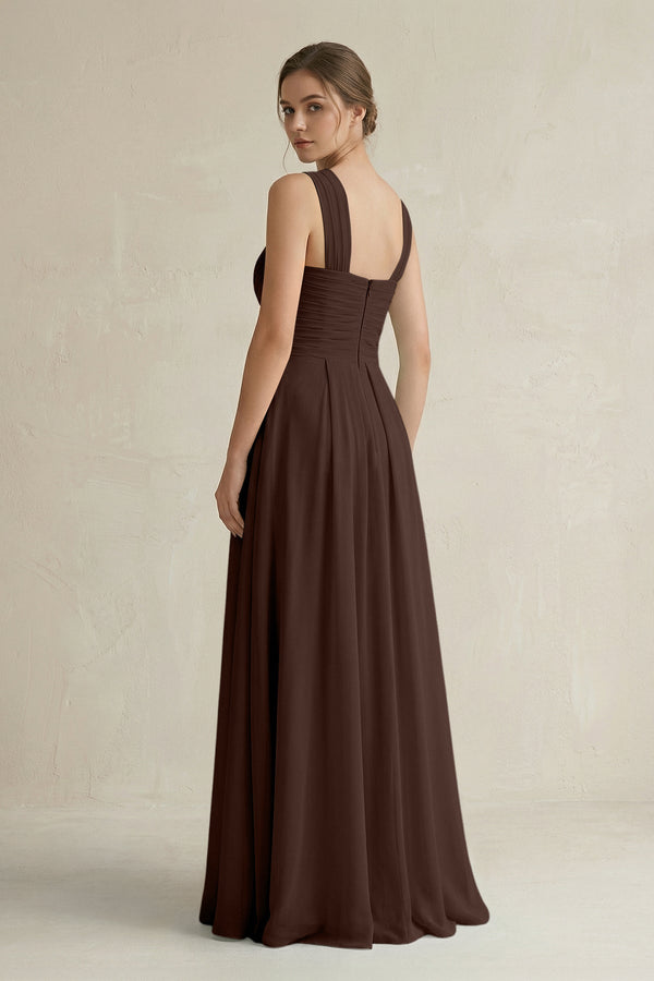Cross Halter Chiffon A - Line Pleated Bridesmaid Dress in Espresso - KissProm Bridesmaid Dresses