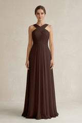 Cross Halter Chiffon A - Line Pleated Bridesmaid Dress in Espresso - KissProm Bridesmaid Dresses