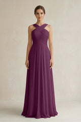 Cross Halter Chiffon A - Line Pleated Bridesmaid Dress in Fig - KissProm Bridesmaid Dresses