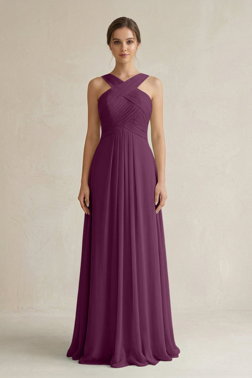 Cross Halter Chiffon A - Line Pleated Bridesmaid Dress in Fig - KissProm Bridesmaid Dresses
