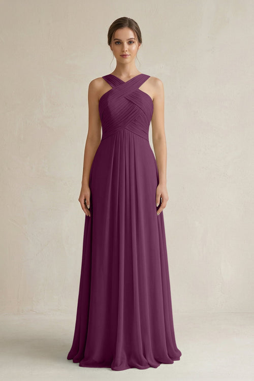 Cross Halter Chiffon A - Line Pleated Bridesmaid Dress in Fig - KissProm Bridesmaid Dresses