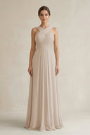 Cross Halter Chiffon A - Line Pleated Bridesmaid Dress in Frost - KissProm Bridesmaid Dresses