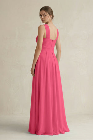 Cross Halter Chiffon A - Line Pleated Bridesmaid Dress in Fuchsia - KissProm Bridesmaid Dresses