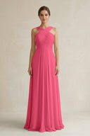Cross Halter Chiffon A - Line Pleated Bridesmaid Dress in Fuchsia - KissProm Bridesmaid Dresses