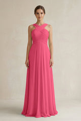 Cross Halter Chiffon A - Line Pleated Bridesmaid Dress in Fuchsia - KissProm Bridesmaid Dresses