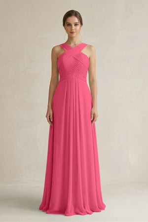 Cross Halter Chiffon A - Line Pleated Bridesmaid Dress in Fuchsia - KissProm Bridesmaid Dresses