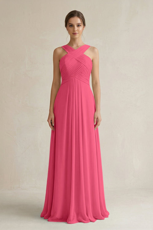 Cross Halter Chiffon A - Line Pleated Bridesmaid Dress in Fuchsia - KissProm Bridesmaid Dresses