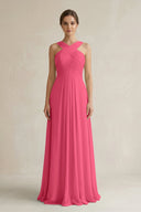 Cross Halter Chiffon A - Line Pleated Bridesmaid Dress in Fuchsia - KissProm Bridesmaid Dresses