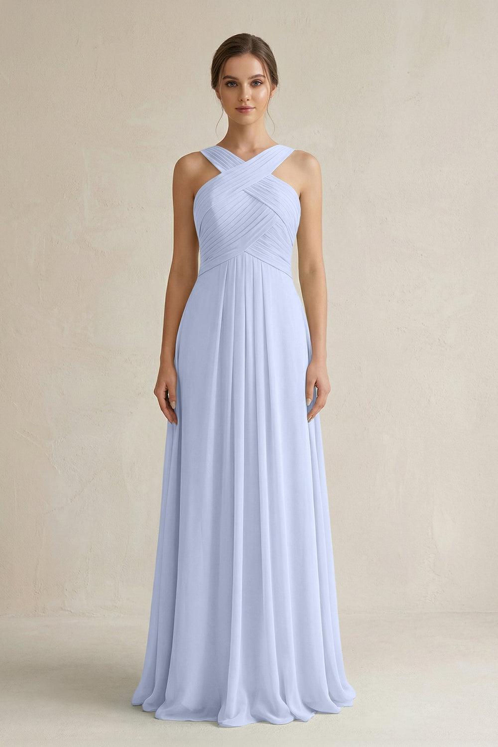 Cross Halter Chiffon A - Line Pleated Bridesmaid Dress in Ice - KissProm Bridesmaid Dresses