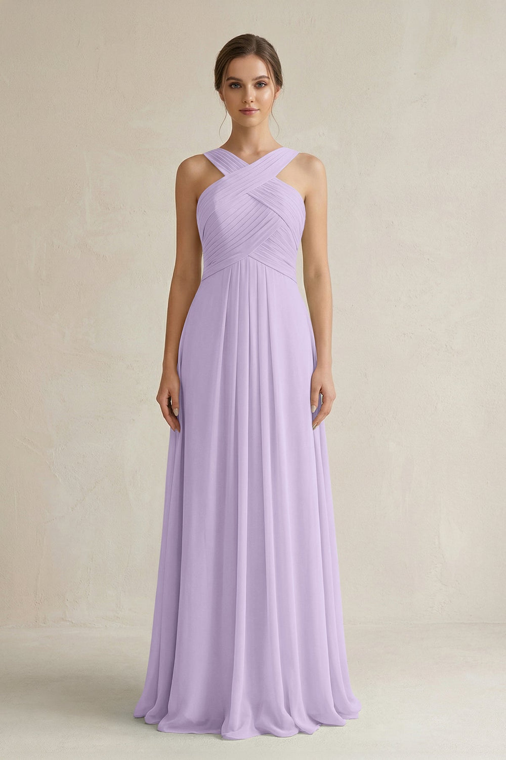 Cross Halter Chiffon A - Line Pleated Bridesmaid Dress in Lavender - KissProm Bridesmaid Dresses