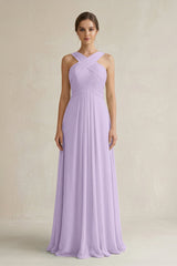 Cross Halter Chiffon A - Line Pleated Bridesmaid Dress in Lavender - KissProm Bridesmaid Dresses