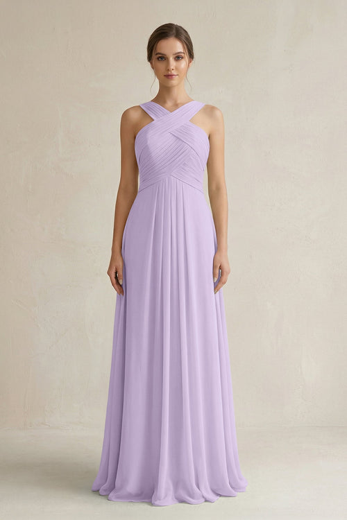 Cross Halter Chiffon A - Line Pleated Bridesmaid Dress in Lavender - KissProm Bridesmaid Dresses