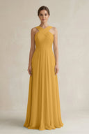 Cross Halter Chiffon A - Line Pleated Bridesmaid Dress in Marigold - KissProm Bridesmaid Dresses