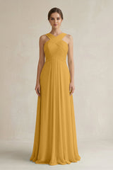 Cross Halter Chiffon A - Line Pleated Bridesmaid Dress in Marigold - KissProm Bridesmaid Dresses
