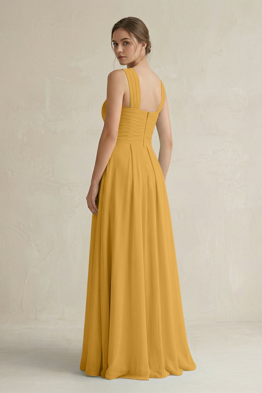 Cross Halter Chiffon A - Line Pleated Bridesmaid Dress in Marigold - KissProm Bridesmaid Dresses
