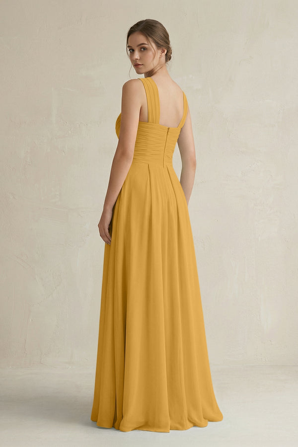 Cross Halter Chiffon A - Line Pleated Bridesmaid Dress in Marigold - KissProm Bridesmaid Dresses