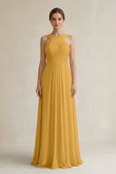 Cross Halter Chiffon A - Line Pleated Bridesmaid Dress in Marigold - KissProm Bridesmaid Dresses