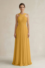 Cross Halter Chiffon A - Line Pleated Bridesmaid Dress in Marigold - KissProm Bridesmaid Dresses