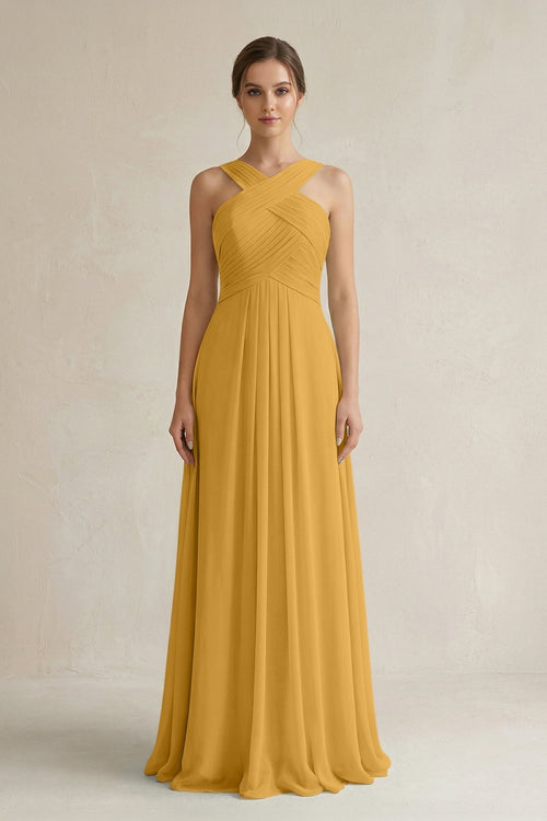 Cross Halter Chiffon A - Line Pleated Bridesmaid Dress in Marigold - KissProm Bridesmaid Dresses