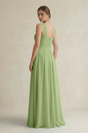 Cross Halter Chiffon A - Line Pleated Bridesmaid Dress in Matcha - KissProm Bridesmaid Dresses