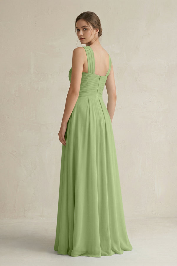 Cross Halter Chiffon A - Line Pleated Bridesmaid Dress in Matcha - KissProm Bridesmaid Dresses