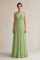 Cross Halter Chiffon A - Line Pleated Bridesmaid Dress in Matcha - KissProm Bridesmaid Dresses