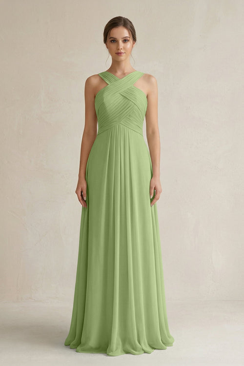 Cross Halter Chiffon A - Line Pleated Bridesmaid Dress in Matcha - KissProm Bridesmaid Dresses