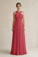 Cross Halter Chiffon A - Line Pleated Bridesmaid Dress in Merlot - KissProm Bridesmaid Dresses
