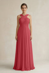 Cross Halter Chiffon A - Line Pleated Bridesmaid Dress in Merlot - KissProm Bridesmaid Dresses