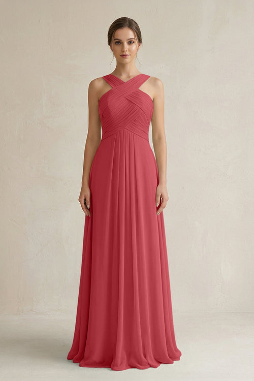 Cross Halter Chiffon A - Line Pleated Bridesmaid Dress in Merlot - KissProm Bridesmaid Dresses