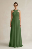 Cross Halter Chiffon A - Line Pleated Bridesmaid Dress in Moss - KissProm Bridesmaid Dresses