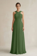 Cross Halter Chiffon A - Line Pleated Bridesmaid Dress in Moss - KissProm Bridesmaid Dresses
