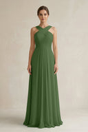 Cross Halter Chiffon A - Line Pleated Bridesmaid Dress in Moss - KissProm Bridesmaid Dresses