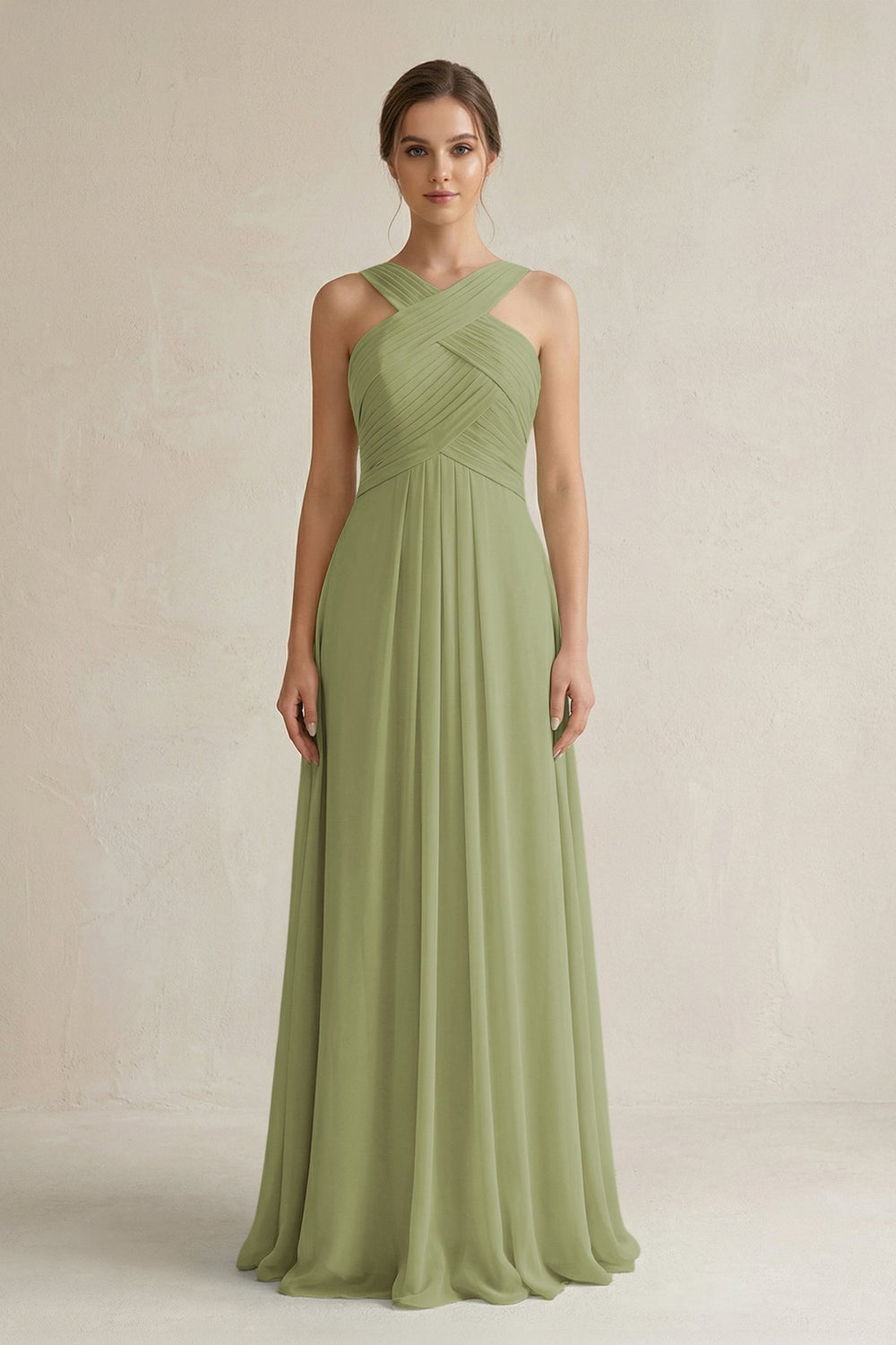 Cross Halter Chiffon A - Line Pleated Bridesmaid Dress in Moss Green - KissProm Bridesmaid Dresses