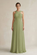 Cross Halter Chiffon A - Line Pleated Bridesmaid Dress in Moss Green - KissProm Bridesmaid Dresses