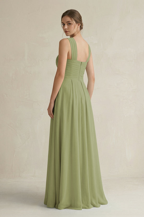 Cross Halter Chiffon A - Line Pleated Bridesmaid Dress in Moss Green - KissProm Bridesmaid Dresses