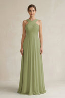 Cross Halter Chiffon A - Line Pleated Bridesmaid Dress in Moss Green - KissProm Bridesmaid Dresses