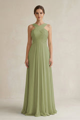 Cross Halter Chiffon A - Line Pleated Bridesmaid Dress in Moss Green - KissProm Bridesmaid Dresses