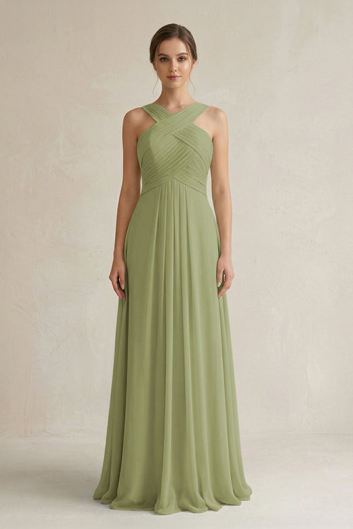 Cross Halter Chiffon A - Line Pleated Bridesmaid Dress in Moss Green - KissProm Bridesmaid Dresses