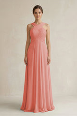 Cross Halter Chiffon A - Line Pleated Bridesmaid Dress in Mulberry - KissProm Bridesmaid Dresses