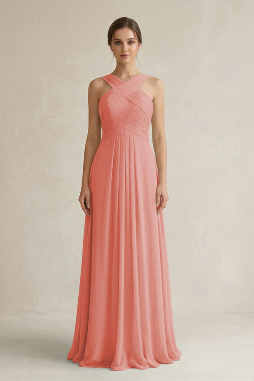 Cross Halter Chiffon A - Line Pleated Bridesmaid Dress in Mulberry - KissProm Bridesmaid Dresses