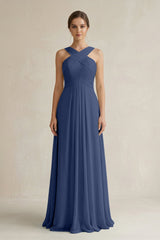 Cross Halter Chiffon A - Line Pleated Bridesmaid Dress in Navy - KissProm Bridesmaid Dresses