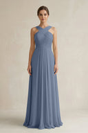 Cross Halter Chiffon A - Line Pleated Bridesmaid Dress in Neptune - KissProm Bridesmaid Dresses