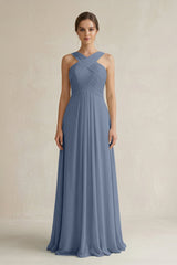 Cross Halter Chiffon A - Line Pleated Bridesmaid Dress in Neptune - KissProm Bridesmaid Dresses