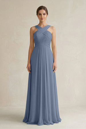 Cross Halter Chiffon A - Line Pleated Bridesmaid Dress in Neptune - KissProm Bridesmaid Dresses