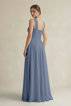 Cross Halter Chiffon A - Line Pleated Bridesmaid Dress in Neptune - KissProm Bridesmaid Dresses