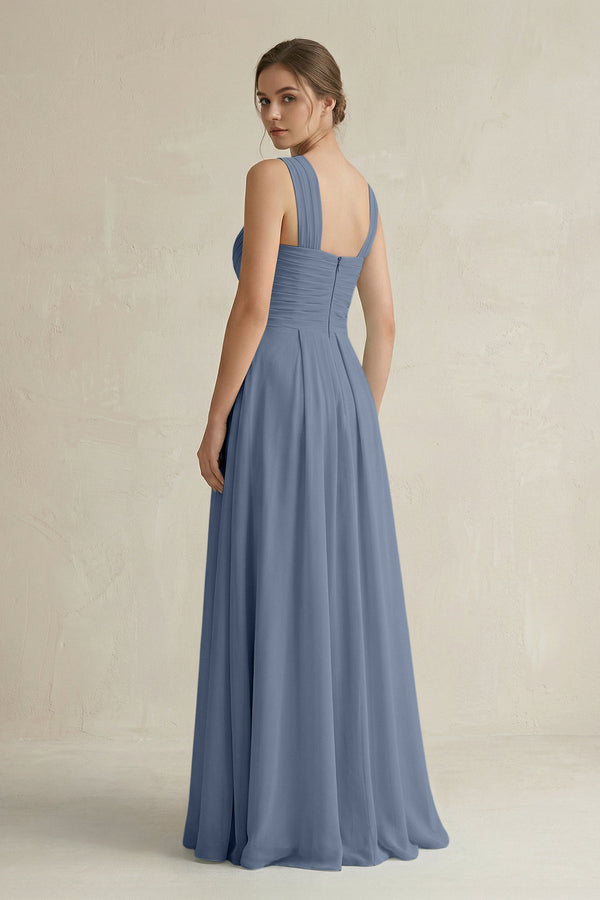 Cross Halter Chiffon A - Line Pleated Bridesmaid Dress in Neptune - KissProm Bridesmaid Dresses