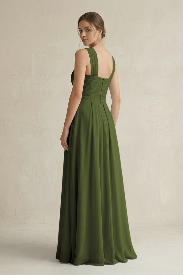 Cross Halter Chiffon A - Line Pleated Bridesmaid Dress in Olive - KissProm Bridesmaid Dresses